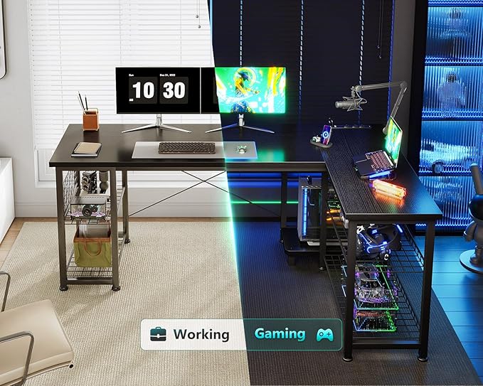 Casaottima 51 Inch L Shaped Gaming Desk with Shelves &amp Power Outlets Reversible Computer Desk with Storage Shelves for Home Office Black