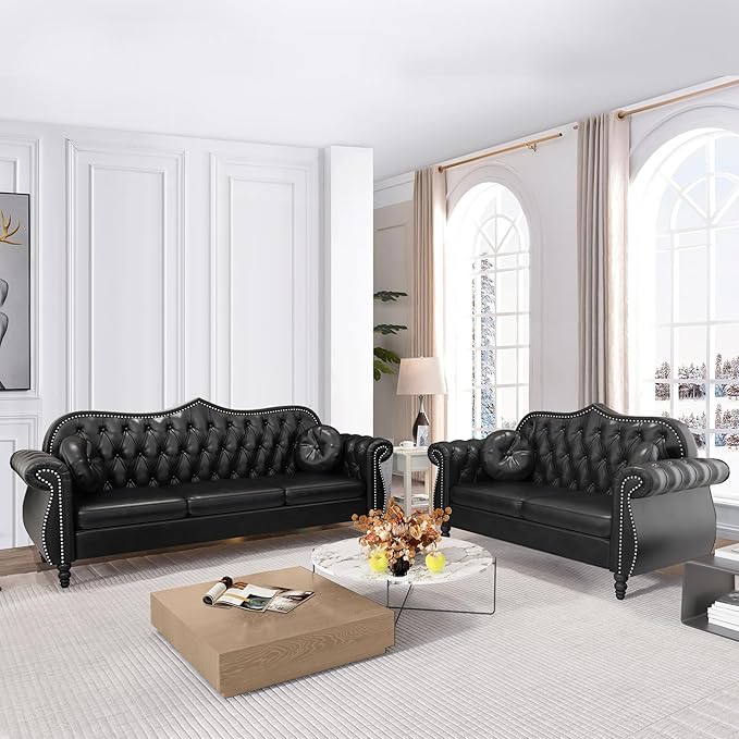 AVZEAR Chesterfield 2-Piece Living Room Sectional Sofa Set Mid-Century Modern Upholstered PU Sofa Couch Classic Tufted Button Sofa with Nailhead Trim for Living Room Office (2+3 Seat Black)