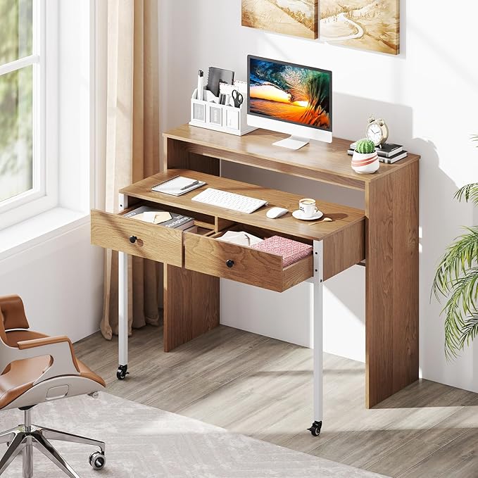 Giantex Small Computer Desk with Hutch &amp Drawers Extendable Writing Desk w/Pull Out Secondary Table Monitor Stand &amp Rolling Wheels Console Table Compact Desk for Small Spaces (Natural)