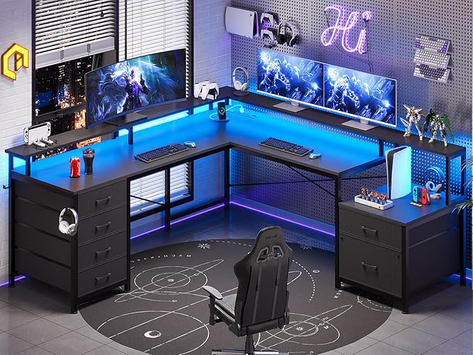 SEDETA L Shaped Desk with 6 Drawer 108 Home Office Desk with File Drawer &amp Power Outlet Corner Computer Desk with Monitor Shelf File Cabinet Two Person Desk Gaming Desk with Led Lights Blac