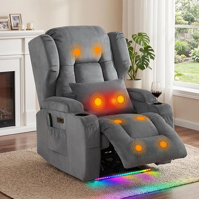 SAMERY Power Recliner Chair Set of 2 Electric Wall Hugger Recliners with Massage &amp Heat Comfy Reclining Sleeper Chair Movie Sofa Home Theater Seat with Cup Holders/USB Port/LED Light/Lumbar Pill