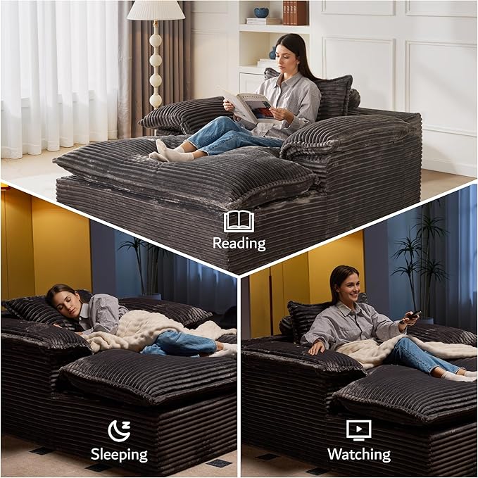 ovios 67 Boneless Lounge Chaise with Cloud Plush Sofa Bed No Assembly Required Fluffy Modern Sleeper Single Chair for Indoor Living Room Bedroom Reading (Grey (Plush Corduroy Fabric)) | No Assembly