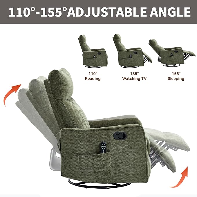KEIKI Swivel Rocker Recliner Chair with Massage and Heated Pad for Nursery Soft Fabric Glider with 360 Degree Rotation and Manual Recline