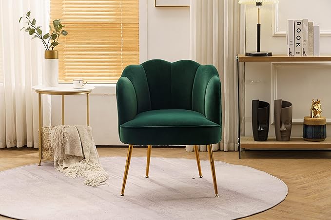 Shell Shape Velvet Fabric Armchair Accent Chair with Gold Legs for Living Room BedroomDark Green