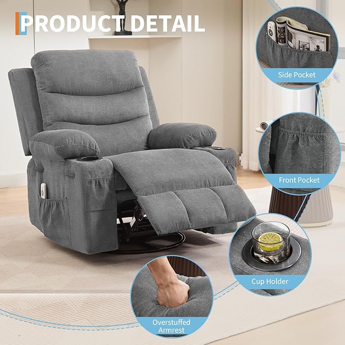 Recliner Chair Nursery Manual Rocking Recliner with 360 Swivel Cup Holder Massage and Heating Compact Single Sofa Chair for Adults Living Room Bedroom