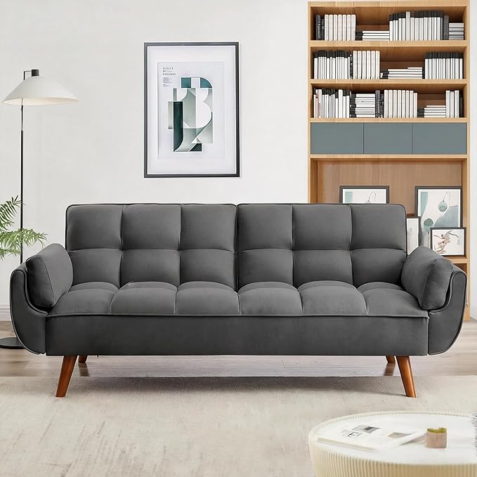 Convertible Futon Sofa Bed Modern Futon Couch with 2 Pillows Small Futons Couch with Adjustable Armrest &amp Backrest Loveseat Sofa Bed for Living Room Bedroom Deep Gray