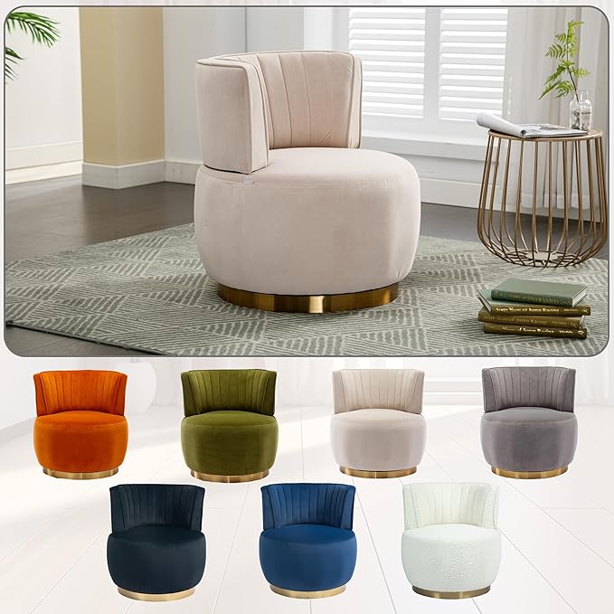 360° Swivel Barrel Accent Chair Beige Round Club Arm Chair with Metal Base Modern Single Sofa Seating Velvet Reading Seat in for Living Room Bedroom Office (Beige)