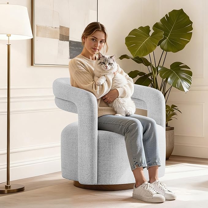 Swivel Accent Chair Upholstered Barrel Chair with Open Back Design Modern Arm Chair with Wooden Base for Living Room Bedroom Reading Waitingroom White