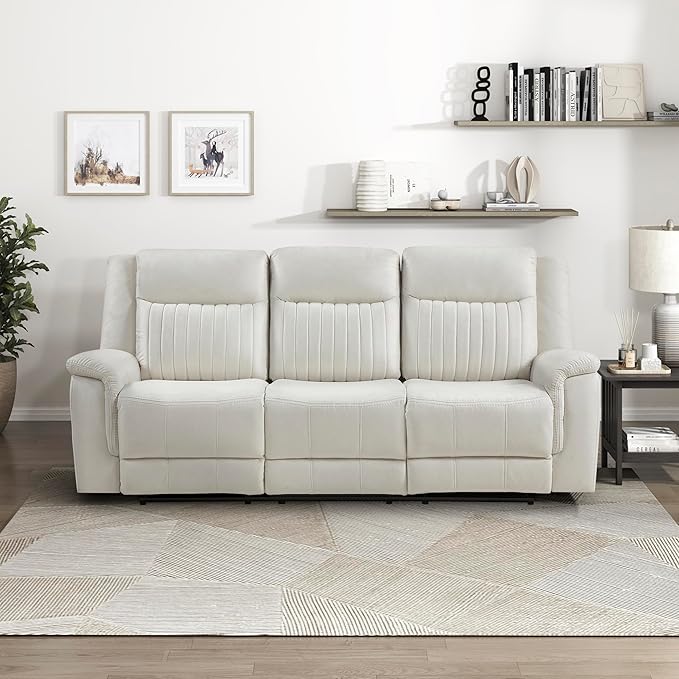 Lexicon Manual Double Reclining Sofa Polished Microfiber Upholstered 3 Seater Manual Sofa Recliner for Living Room Wall Hugger Easy Assembly Beige