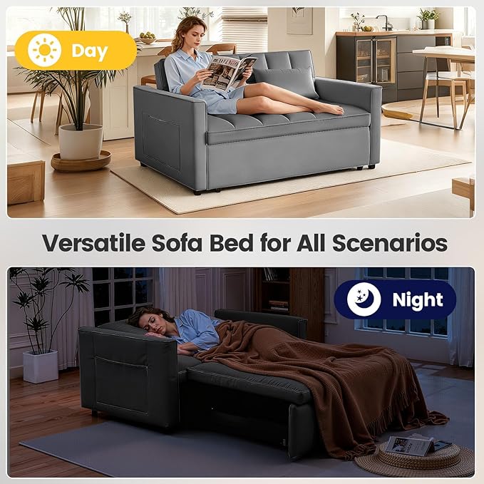 3 in 1 Sofa Bed Love Seat Sleeper Bed with Side Pockets Velvet Fabric Pull Out Couch with Adjustable Backrest for Living Room Bedroom Apartment Deep Gray