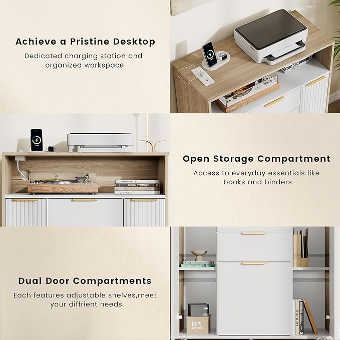 Home Office Standing Desk Set Fluted Cabinet with 3 Drawers and Door 47.2 x 26 Electric Stand Up Table with Storage Rolling Printer Stand on Wheels Mobile Light Walnut