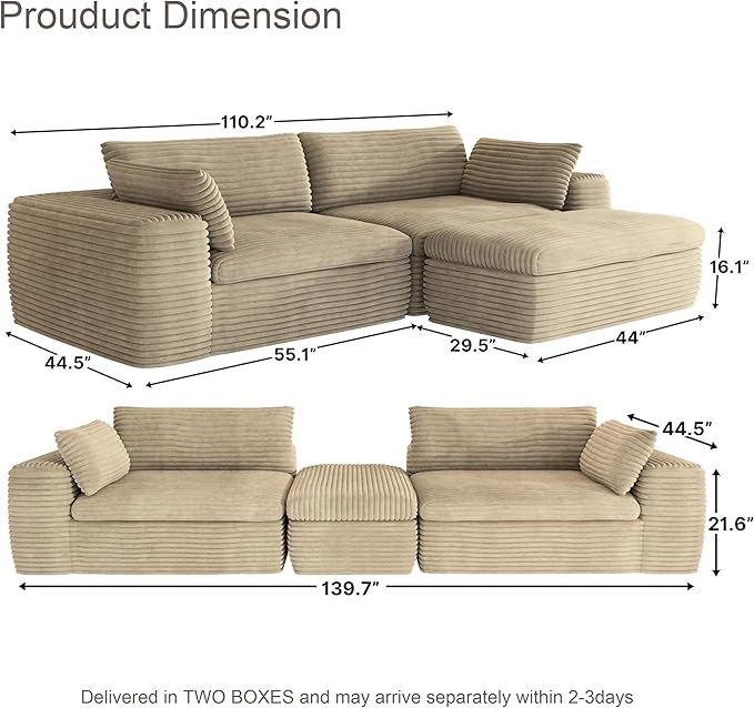 110 Sectional Couches for Living RoomOversized Boneless 3 Seater Cloud L Shaped CouchPlush Corduroy Sofa with OttomanNo Assembly RequiredBeige.