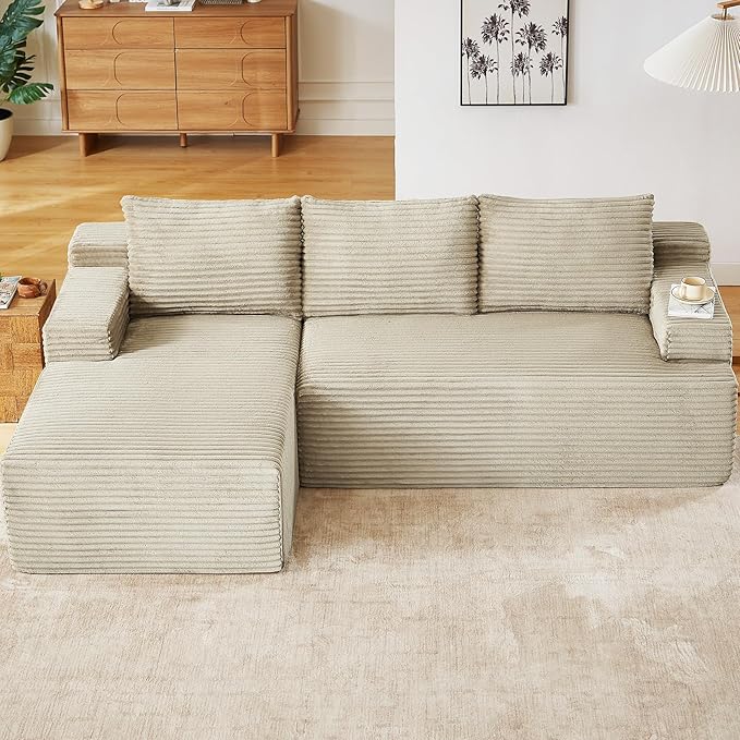 96 Modular Sectional Sofa Modern Corduroy L Shaped Cloud Couch with Side Pockets Boneless Upholstered Couches with Deep Seat for Living Room No Assembly Required (Camel Left Facing Chaise)