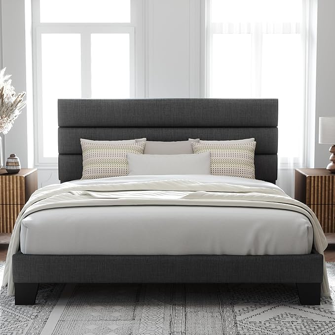 Allewie King Bed Frame Platform Bed with Fabric Upholstered Headboard and Wooden Slats Support Fully Upholstered Mattress Foundation/No Box Spring Needed/Easy Assembly Dark Grey