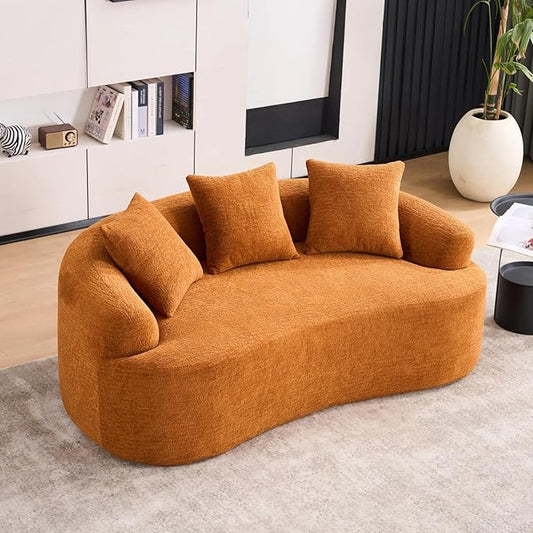65 Curved LoveseatDeep Seat Cloud Floor Couch with 3 BackrestCozy Chenille FabricSmall Loveseat for Small SpacesBedroomOfficeApartment (Orange 65 Inch)
