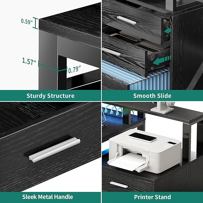 YITAHOME L Shaped Desk with 3 Drawers 65 Corner Computer Desk with Power Outlets &amp LED Lights L-Shaped Desk with File Cabinet &amp Printer Stand for Home Office Black
