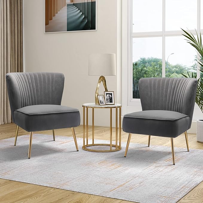 TINA'S HOME Monica Velvet Accent Chair Set of 2 Mid Century Side Chair Comfy Upholstered Living Room Chair with Golden Legs Wingback Armless Slipper Chair for Bedroom Guest Room- Grey
