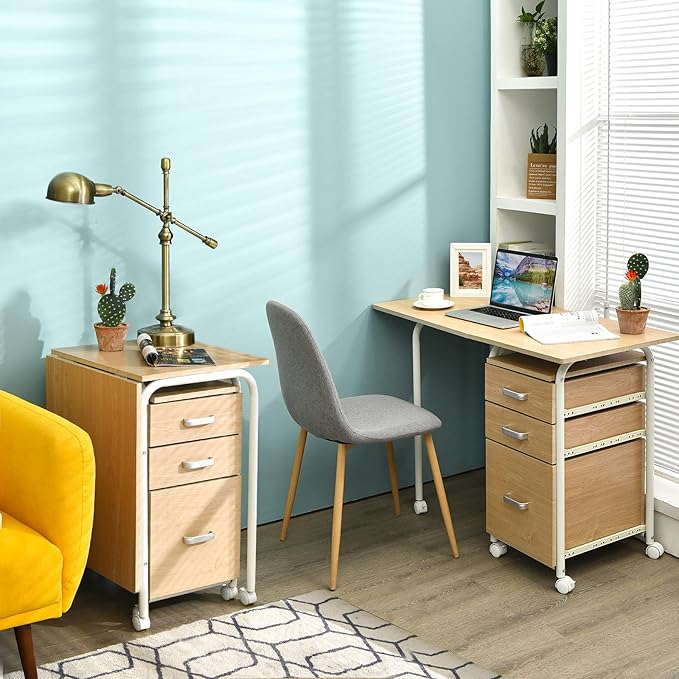 Tangkula Folding Computer Desk with 3 Drawers Mobile Home Office Desk Portable Laptop Desk Writing Table Space Saving Compact Desk for Small Spaces Dorm Apartment