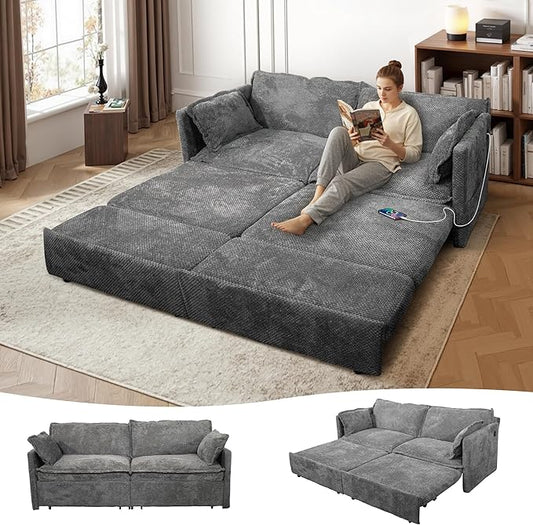 73 Sleeper Sofa Bed 3-in-1 Pull Out Couch with USB/Type-C Charging &amp Side Pockets Convertible Corduroy Loveseat Chaise Lounge Space-Saving Sofa for Living Room Grey