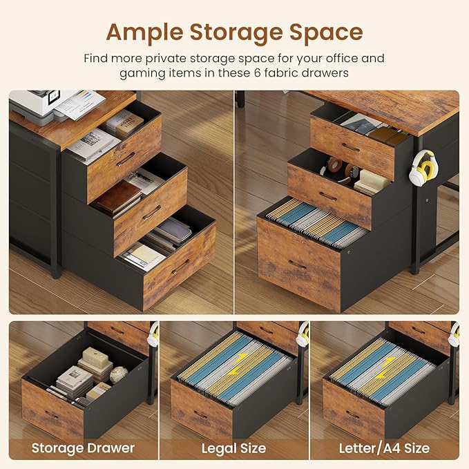 SEDETA L Shaped Gaming Desk with 6 Drawers Reversible Computer Office Desk with File Drawer Hutch Storage Shelves Gaming Corner Desk with Led Lights Power Outlet for Two Person Rustic Brown