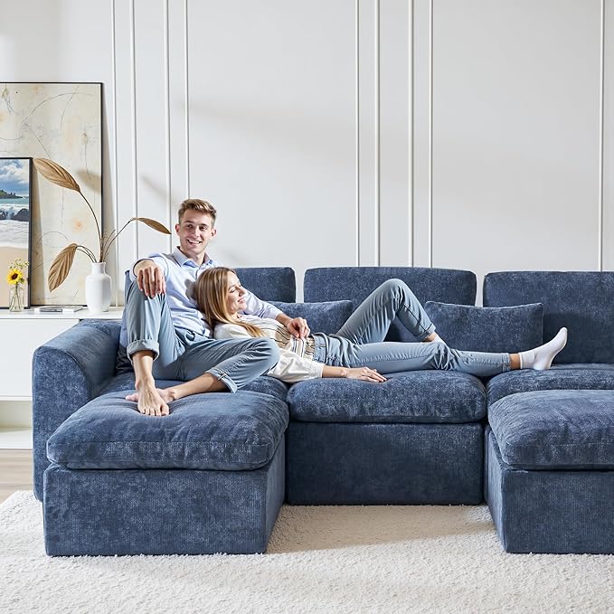 Modern Sectional Cloud Couch - 120'' Soft Modular Sectional Sofa – No Assembly Required - Deep Seat Couches with 2 Movable Ottomans - Oversized Chenille Sofa for Living Room - Blue
