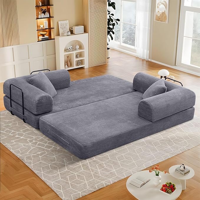 78 Convertible Sleeper Sofa Bed with Cylindrical Pillow Corduroy Folding Mattress Couch with Fixed Frame Floor Sofa Lounge Couch for Living Room Bedroom Apartment Dark Grey