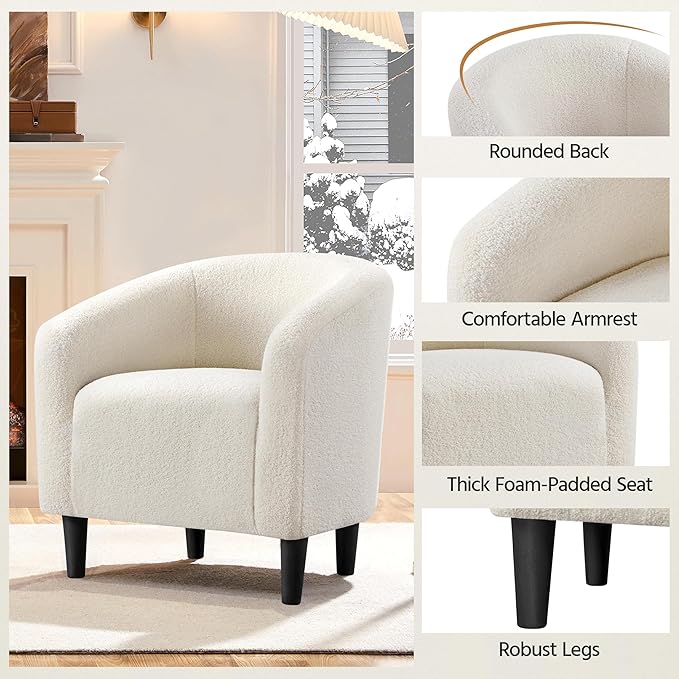Yaheetech Accent Barrel Chair Boucle Fabric Club Chair Furry Sherpa Elegant Armchair with Cozy Soft Padded Suitable for Living Room Bedroom Reception Room Office Ivory
