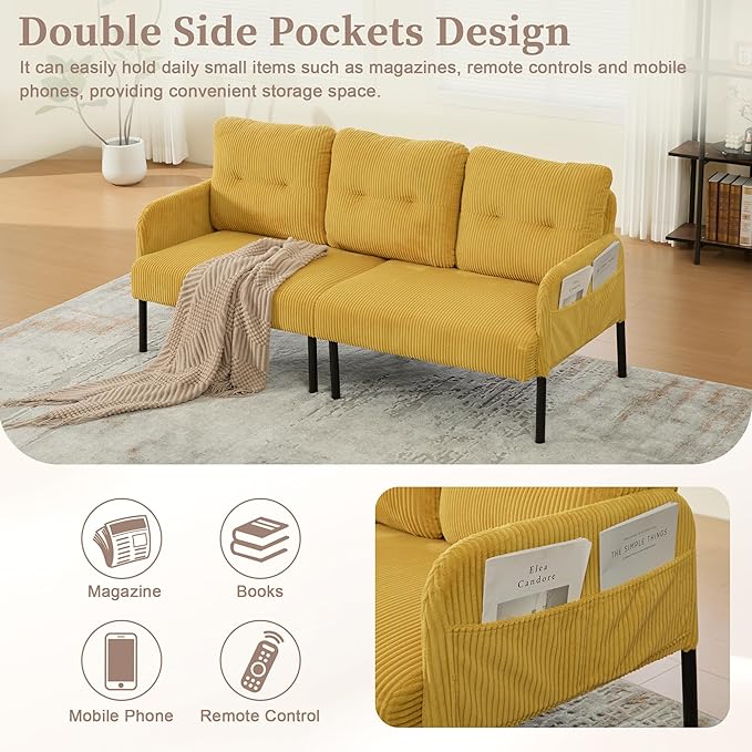 KEIKI 67 Corduroy Loveseat Sofa with Double Side Pockets &amp High Resilience Cushion Modern Style Upholstery Oversized 2-Seater Couch with Metal Legs Easy Assembly for Living Room Yellow