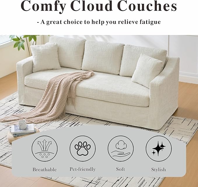 Chifee &amp Vingol 83 3 Seater Sofa Couch for Living Room Deep Seat Cozy Sofas Modern Upholstered Sofa with Removable CoverBeige