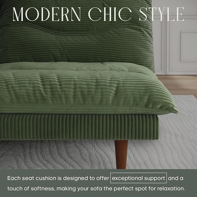 LLappuil Futon Sofa Bed 69 inch Futon Couch with Adjustable Backrest Corduroy Convertible Sleeper Sofa Bed Folding Sleeper Recliner Loveseat for Apartment Living Room Office (Green)