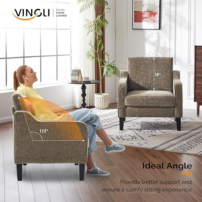 VINGLI Accent Chairs for Living Room Mid Century Modern Chair Chenille Sofa Chair Upholstered Arm Chair with Scooped Arms for Bedroom Home Office Apartment