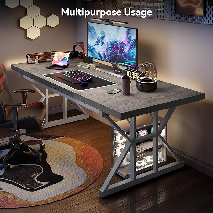LITTLE TREE 70.8-Inch Large Executive Desk Modern Computer Office Desk Wooden Writing Desk Study Table for Home Office Grey-White