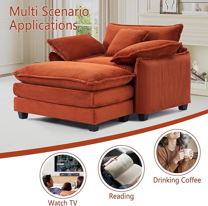 Oversized Chair with Ottoman Modern Corduroy Sofa Bed Single Sofa Chaise Large Upholstered Sofa for Living Room Bedroom (Orange)