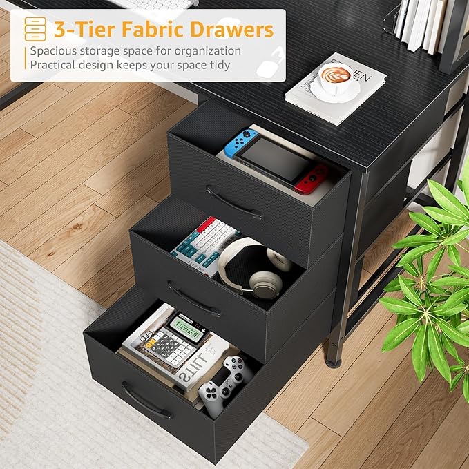 DLisiting Black Computer Desk with Hutch &amp Drawers - Office Desk with 3 Storage Drawers and Power Outlets 47 Inch Modern Study Writing Desk for Bedroom Home Office