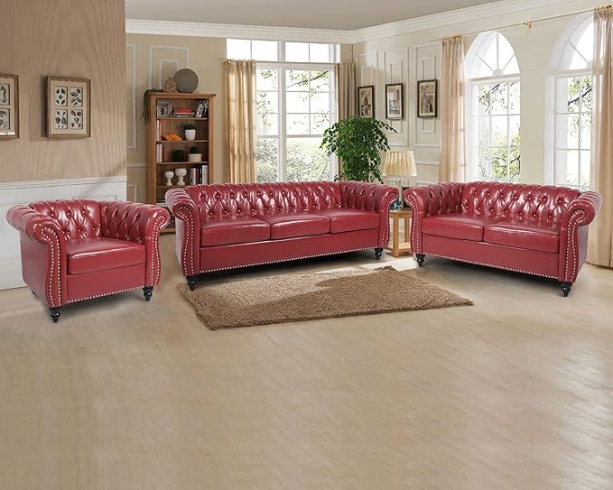 RARZOE Modern 2 Pieces Living Room Sofa Set Contemporary Tufted Button Faux Leather Three-Seater Couch and Accent Club Chairwith Nailhead Trim Scroll Arms for Home Furniture Burgundy