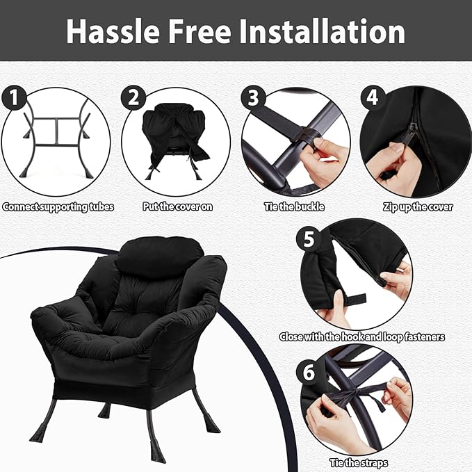 Lazy Chair Thick Padded Comfy Velvet Accent Lounge Chair with Stable Frame Leisure Sofa Armchair with Armrests and Side Pocket Reading Chair for Bedroom Living Room Office Black
