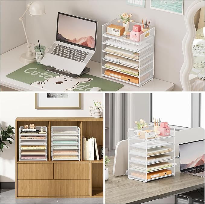 Subekyu 6-Tier Desk Paper Organizer Desktop File Letter Tray with Handle Document Sorter and Accessories Holder for Office Home and School Workspace Organizers White - 2 Pack