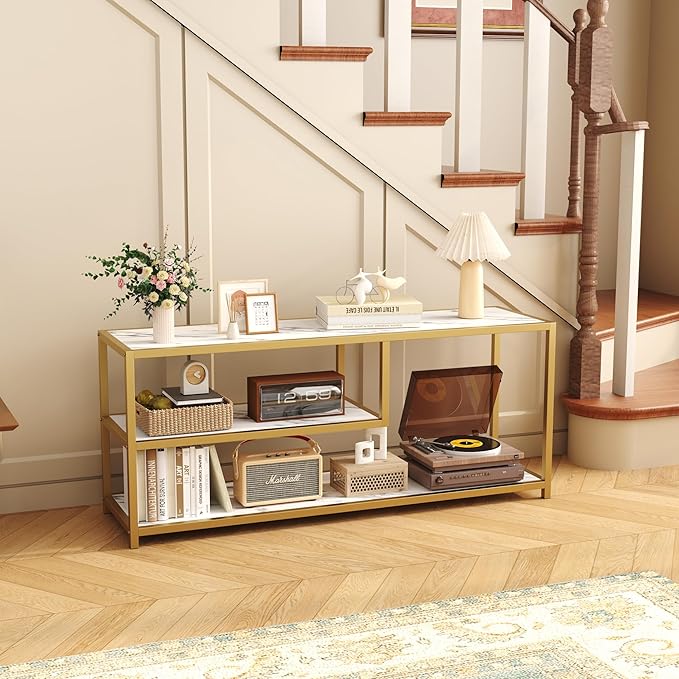 Function Home TV Stand for TVs up to 55 Inch 3 Tier Entertainment Center Media Console with Open Storage Shelves for Living Room Bedroom 47” Modern TV Table with Faux Marble Top Gold Metal Leg