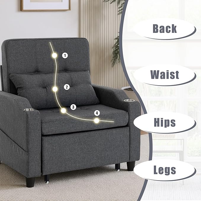 Sleeper ChairSingle Armchair Sofa with PillowAdjustable Backrest Recliner Sofa Modern Pull Out Couch Bed with USB Port Cup Holder Side Pocket for Living Room Bedroom(Dark Grey)