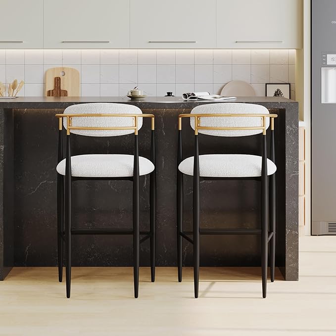 GDFStudio Modern Barstools Set of 2Mid Century Upholstered Counter Height Bar Stools with Back Metal Armrests and Legs Countertop Chairs for Kitchen Island 29.75 H