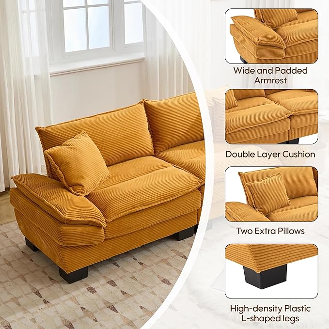 Modern 84 Corduroy Loveseat Sofa Ultra-Comfy Couch with 2 Pillows for Apartment Living Room Bedroom Home Office (Yellow)