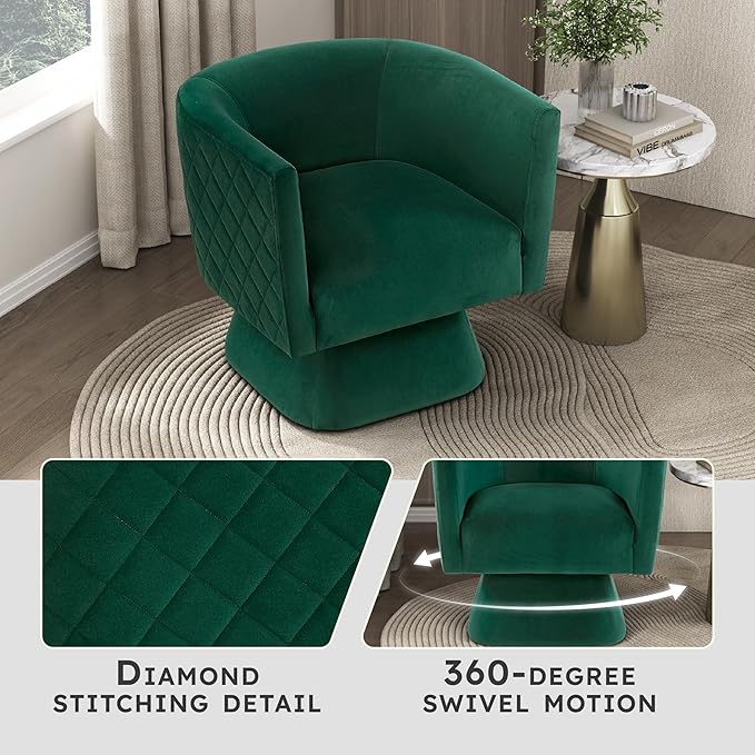 Lexicon 360 Degree Swivel Accent Chair Modern Comfy Velvet Barrel Chair Diamond Stitched Details Plush Foam Cushions Metal Swivel Base for Living Room/Bedroom/Apartment/Office Green