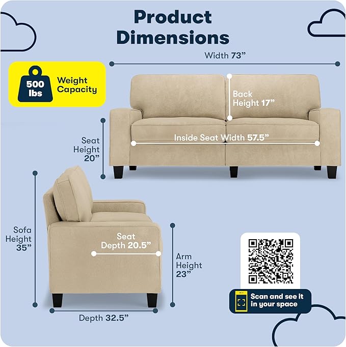 Serta Palisades 73 Track Arm Sofa Easy Care Polyester Soft Pillow Back Pocket Coil Seat Cushions Removable Covers Loveseat or Couch for Small Spaces Living Rooms or Bedrooms Sand Beige