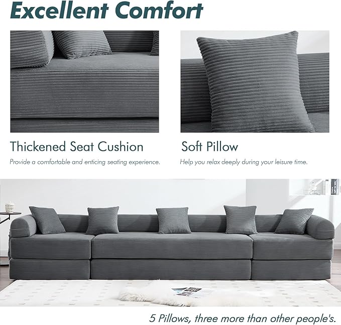 10-in-1 Folding Convertible Sofa Bed 141 Inch Boneless Couch with Fixed-Shape Frame Corduroy Modular Sectional Sofa Mattress Sleeper Sofa Floor Sofa Futon Couch for Living Room (Grey)