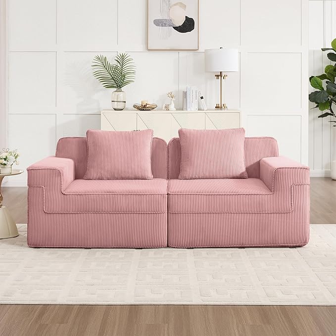 Loveseat Boneless Sofa Couches for Living Room-81 Pink 2 Seater Cloud Couch-No Assembly Required Modular Corduroy Full Sponge Compression Sofas for House Apartment