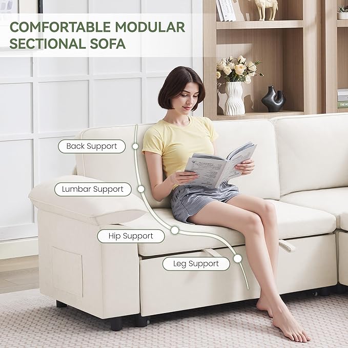 60 Modular Sectional Loveseat Couch with Pull Out Bed Modern 2 Seater Sleeper Convertible Sofa Bed Chenille Sectional Love seat Couches for Living Room Bedroom Office Small ApartmentBeige