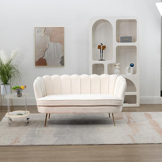 59 Wide Modern Boucle Loveseat Small Sofa Small Mini Room Couch 2-Seater Sofa with Gold Metal Legs for Space Office Studio Apartment Bedroom (Beige)