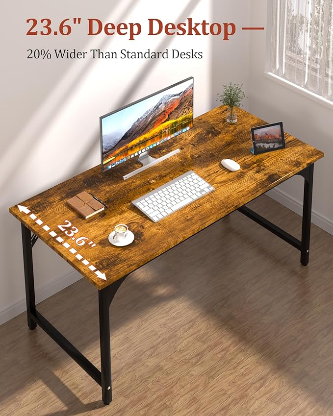 Computer Desk 47.2 Office Desk Extra Wide 23.62” Deep Desktop 0.59” Thick Heavy-Duty Home Office Desks Office Table with Steel Frame Modern Wood PC Desk for Bedroom Study Writing Gaming Work