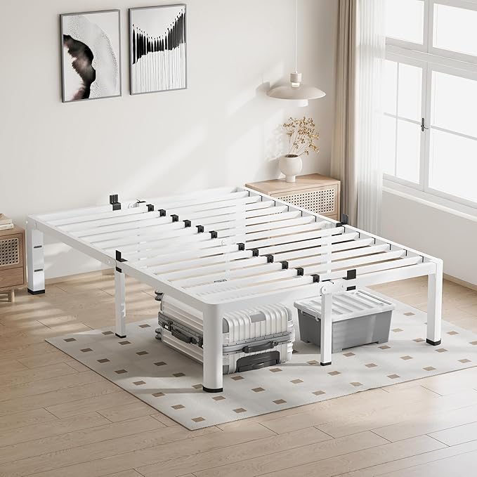 18 Inch King Size White Bed Frame 3500Lbs Heavy Duty Metal Platform with Round Corner Legs Mattress Slide Stopper Steel Slat Support No Box Spring Needed Noise Free Non-Slip Easy Assembly