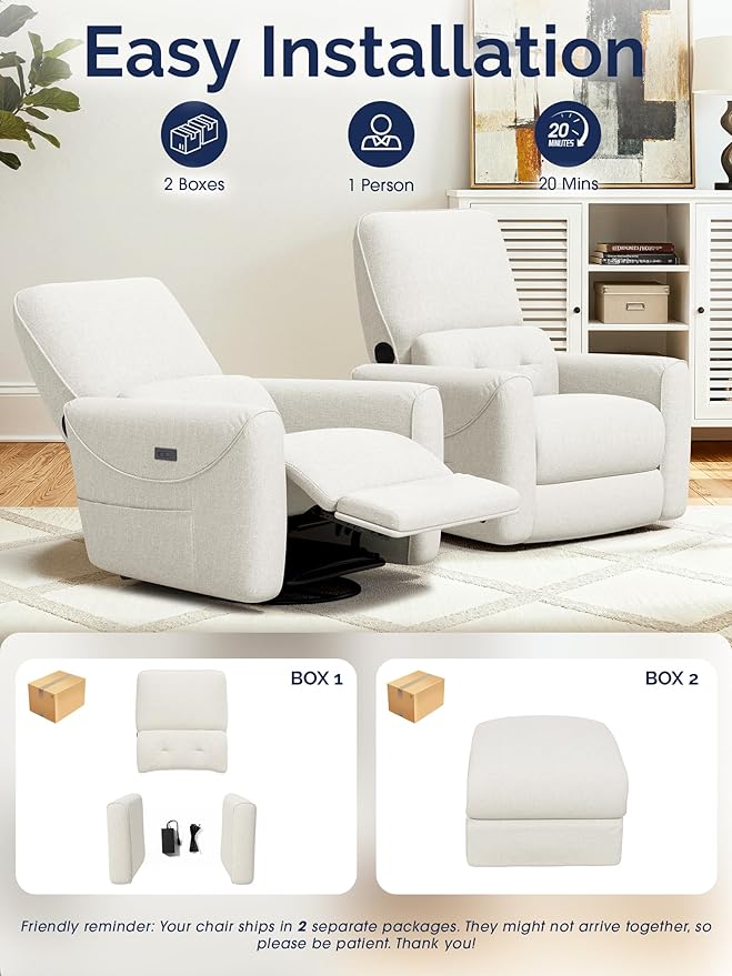 KINGYES Power Recliner Chair 270° Swivel Glider Living Room Recliner with USB-C Port Nursery Rocking Chair Beige